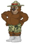 anthro bear black_boxers black_clothing black_nose black_underwear blue_sclera boxers_(clothing) brown_eyes brucebadger bulge camo_boxers clothed clothing detailed_bulge footwear garter_belt garter_straps genital_outline green_boxers green_clothing green_underwear grumpy hand_on_side hat headgear headwear male mammal musclegut muscular muscular_male overweight overweight_male pantsless pantsless_anthro pantsless_male penis_outline red_text simple_background smokey_bear socks solo text topless topless_male underwear united_states_forest_service white_background white_clothing white_footwear white_socks