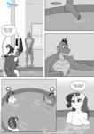 2019 abs anthro anthrofied bath big_breasts blush breasts cleavage clothed clothing comic covering covering_crotch covering_self curled_hair dialogue dragon embarrassed english_text equid equine eyeshadow female friendship_is_magic hair hasbro hi_res horn horse hot_tub looking_down makeup male mammal minuette_(mlp) monochrome multicolored_hair muscular muscular_male my_little_pony mythological_creature mythological_equine mythological_scalie mythology nude partially_submerged partially_submerged_breasts pia-sama pony pupils rarity_(mlp) scalie sharp_teeth slit_pupils spike_(mlp) tail teeth text two_tone_hair unicorn url vinyl_scratch_(mlp) water