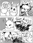 2019 3:4 5_panel_comic ambiguous_gender anthro black_and_white black_nose black_text branch climbing climbing_tree cloak clothing comic dialogue digital_media_(artwork) duo eevee ellipsis english_text exclamation_point eyebrows eyes_closed feral flavia-elric floppy_ears fluffy fluffy_tail fur generation_1_pokemon generation_2_pokemon grass in_tree inner_monologue laugh liza_(yapc) looking_at_another lux_(yapc) monochrome mouth_closed nails neck_tuft nintendo open_mouth outside paws plant pokemon pokemon_(species) pokemon_mystery_dungeon pseudo_hat pupils quadruped question_mark sharp_teeth smeargle speech_bubble spike_chunsoft tail talking_to_another teeth text text_box thinking tongue tree tuft