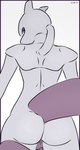 anthro backsack balls big_butt bubble_butt butt butt_pose generation_1_pokemon genitals grey_body legendary_pokemon looking_back male mewtwo nintendo nude pokemon pokemon_(species) pose purple_eyes raised_tail simple_background snek77 solo standing tail white_background