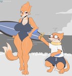 2_tails anthro anthrofied beach big_breasts biped blush bodily_fluids breasts buizel clothed clothing cooliehigh detailed_background duo ellipsis eyewear female flower flying_sweatdrops generation_4_pokemon glasses hi_res looking_aside looking_at_another male multi_tail nerd nervous nintendo one-piece_swimsuit orange_body outside plant pokemon pokemon_(species) pokemorph red_eyes sea seaside shirt sky surfboard sweat sweatdrop swimming_trunks swimwear t-shirt tail topwear water