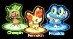 ambiguous_gender amphibian black_background blue_body canid canine chespin color_partitioning digitigrade english_text fennekin feral froakie generation_6_pokemon group mammal nintendo partitioning pokemon pokemon_(species) quadruped simple_background starter_trio tail text unknown_artist