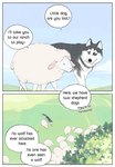 aman_(weibo) black_nose bovid canid canine canis caprine comic dialogue domestic_dog duo english_text feral group hard_translated husky mammal nordic_sled_dog outside plant sheep speech_bubble spitz text third-party_edit translated translation_edit tree walking white_body