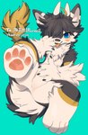 absurd_res ambiguous_gender anthro arm_tuft artist_name black_body black_fur black_hair blue_eyes blush chest_tuft clawed_fingers commissioner_name dragon featureless_crotch feet fluffy fluffy_tail foot_focus fur furred_dragon furred_scalie hair hair_over_eye hand_on_face hi_res horn inner_ear_fluff looking_at_viewer lying mythological_creature mythological_scalie mythology nude on_back one_eye_obstructed open_mouth paintbrush_tail pawpads paws resting_on_tail scalie simple_background solo stripes sue36v tail text tongue tongue_out tuft white_body white_fur yellow_body yellow_fur