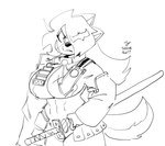 2023 abs anaugi anthro athletic athletic_female black_and_white canid canine canis clothed clothing convenient_censorship domestic_dog english_text female hachimitsu hair hair_over_eye long_hair mammal melee_weapon monochrome navel one_eye_obstructed scar signature simple_background sketch solo sword text weapon white_background