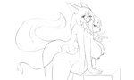 anthro areola belly belly_rub big_belly bodily_fluids both_pregnant breast_milking canid canine canis cannie cuddling female female/female heavy hi_res hybrid lactating mammal monochrome multiple_pregnancies nude pregnant pregnant_female smile tail tail_tuft tuft uolf uolf_(uolf) wolf wolfdog