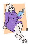 anthro barefoot book boss_monster_(undertale) bovid breasts caprine claws eyewear feet female freckles_(artist) fur glasses goat looking_at_viewer mammal red_eyes smile solo sweater_dress toe_claws toriel undertale_(series) white_body white_fur