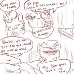 1:1 amphibian annoyed anthro beelzemon_(artist) comic dialogue duo english_text furniture gael_the_scrafty generation_5_pokemon generation_6_pokemon greninja luce_the_greninja male monochrome nintendo pokemon pokemon_(species) scrafty sketch sketch_page speech_bubble table text