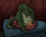 5:4 absurd_res alligator alligatorid anthro bed bed_sheet bedding breast_smother breasts cervine crocodilian crush de-racked deer duo elk female furniture hi_res kinktober lying male male/female mammal mo_(momamo) on_back overweight pinning_down reptile scales scalie simple_background smothering yenocwolf