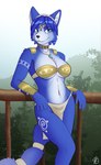 anthro arm_support armor bandeau big_breasts black_nose blue_body blue_fur blue_hair bottomwear breasts canid canine choker circlet clothing ear_tuft eyebrows eyelashes female fingers fog forest fourbythree fox fur hair hi_res jewelry krystal_(star_fox) leaning_on_elbow loincloth looking_away mammal markings nature nature_background necklace nintendo outside plant railing shoulder_guards signature smile solo star_fox tail tail_wraps teal_eyes teeth topwear tree tuft white_body white_fur wraps