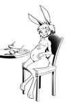 5_fingers absurd_res anne_speck anthro belly big_belly biped bloated bob_cut chair coffee_mug female female_anthro fingers food furniture gatonejo hair hand_on_belly hi_res holding_belly lagomorph leporid mammal monochrome navel nude nude_anthro nude_female pupils rabbit short_hair sitting smile solo stuffing unusual_pupils