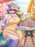 alphadesu anthro big_breasts biped blush breasts cleavage clothed clothing dress equid equine female female_anthro fingers friendship_is_magic hair hasbro hi_res horn looking_at_viewer mammal my_little_pony mythological_creature mythological_equine mythology princess_celestia_(mlp) pupils smile solo thick_thighs winged_unicorn wings