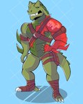 4:5 anthro armor blue_background epic_games fortnite hand_on_hip hi_res htony hybrid_(fortnite) looking_at_viewer male one_eye_closed pattern_background pecs scalie simple_background solo teeth_showing wink winking_at_viewer