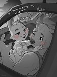 anthro bear blush car car_interior caressing_face cheek_tuft clothed clothing dialogue drunk duo english_text facial_tuft greyscale hi_res inside inside_car inside_vehicle lagomorph larger_male leporid long_ears male male/male male_anthro mammal monochrome motor_vehicle munie rabbit shirt size_difference smaller_male smile substance_intoxication text topwear tuft vehicle