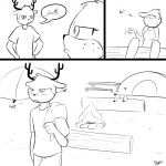 1:1 annoyed anthro antlers asking asking_another bottomwear campfire camping campsite clothed clothing comic deer duo female fire freckled_face freckles fully_clothed furniture horn leaving legs_in_air lidded_eyes log lying lying_on_ground male mammal monochrome on_back on_ground outside pants pictographics shirt sigh slypon sound_effects table tent text topwear walking_away wood