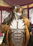 5_fingers abs accessory anthro arknights asian_clothing brown_hair chest_tuft claws clothed clothing colored detailed_background facial_hair felid fingers fur genitals grausummon hair headband huai_tianpei_(arknights) humanoid_hands hypergryph long_hair male mammal multicolored_body multicolored_fur muscular muscular_anthro muscular_male navel nipples open_clothing open_topwear orange_body orange_fur pantherine pecs penis penis_base pink_nipples pink_nose pubes striped_body striped_fur stripes studio_montagne tied_hair tiger topwear tuft two_tone_body two_tone_fur undressing white_body white_fur white_pubes yellow_eyes