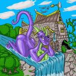 1:1 anthro big_breasts bovid breasts butt caprine cloud domestic_sheep dragon dzemon female horn looking_at_viewer macro mammal mythological_creature mythological_scalie mythology non-mammal_breasts nude plant purple_body purple_skin river scalie sheep sky solo tail tree water waterfall zhmernalt