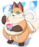 2023 2_tails 4_fingers 4_toes anthro belly blush blush_stickers brown_body brown_fur canid canine cute_fangs cutlery dated dessert digital_media_(artwork) eating eyelashes feet female female_anthro fingers fluffy food fox fur green_eyes happy hi_res holding_food holding_object holding_spoon kemono kitchen_utensils looking_at_viewer mammal multi_tail musical_note musical_symbol nawa nude open_mouth overweight overweight_anthro overweight_female paws shaved_ice solo spoon symbol tail tan_body tan_fur text thick_thighs toes tongue tools tunamayo white_body white_fur