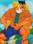 absurd_res anthro blonde_hair clothing felid generation_2_pokemon hair hi_res legendary_pokemon looking_at_viewer male mammal nintendo orange_body pantherine pokeball pokemon pokemon_(species) raikou simple_background solo stripes thask_sks