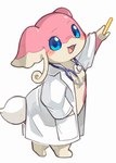 aaarkgkaaa anthro audino blue_eyes breasts female fluffy fluffy_tail generation_5_pokemon gown hi_res medical_instrument nintendo open_mouth pink_body pokemon pokemon_(species) scientific_instrument smile solo tail