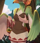 amali_(tloz) anthro avian beak blush bottomwear breast_grab breasts breath_of_the_wild clothed clothing cloud collar disembodied_hand ear_piercing ear_ring feathers female green_body green_feathers grope hand_on_breast hi_res holding_clothing holding_object humanoid_hands inside nintendo partially_clothed piercing ring_piercing rito rito_village skirt sky solo spotty.cat story story_in_description the_legend_of_zelda undressing undressing_another winged_arms wings