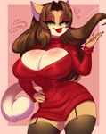 anthro big_breasts breasts brown_hair cleavage_cutout clothing cutout domestic_cat eyelashes felid feline felis female hair heart_symbol hi_res huge_breasts legwear lipstick long_hair looking_at_viewer makeup mammal ooo-belise-ooo solo standing sweater_dress thigh_highs watermark