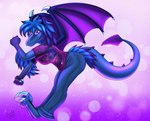 2017 abstract_background anthro blue_body blue_bottomwear blue_clothing blue_hair blue_pants blue_tail bottomwear clothed clothing cobalt_(notagoddess) dated dinosaur dragon dromaeosaurid female hair hybrid membrane_(anatomy) membranous_wings mouth_closed mythological_creature mythological_scalie mythology pants prehistoric_species purple_clothing purple_eyes purple_shirt purple_t-shirt purple_topwear purple_wings reptile scalie shirt side_view signature solo spade_tail t-shirt tail theropod tiggybloom topwear wings