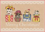 amayakasuneko ambiguous_gender christmas christmas_clothing christmas_headwear clothing domestic_cat felid feline felis feral group hat headgear headwear holidays mammal mojacookie nagameruneko official_art present_wrap santa_hat shikaruneko shikaruneko_(series) whiskers