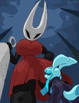 2024 animal_humanoid arthropod arthropod_humanoid big_breasts black_body blue_background blue_body blue_hair breasts clothed clothing crossover curvy_figure digital_media_(artwork) dress duo eeveelution female generation_4_pokemon glaceon hair hand_on_hip hollow_knight hornet_(hollow_knight) humanoid imminent_fight ivy_(plant) looking_down low-angle_view male melee_weapon nintendo pixel_(artwork) pokemon pokemon_(species) red_clothing red_dress signature simple_background size_difference sword team_cherry toilet_man unimpressed voluptuous weapon worm's-eye_view