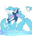 2024 anthro blue_body blue_fur blush blush_lines bodily_fluids bunonthemoon fish fur furred_shark holding_object holding_plushie male marine nude_anthro nude_male partially_submerged plushie scared shark solo sweat sweatdrop white_body white_fur