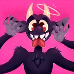 2018 2_horns 4_fingers anthro arm_tuft black_body black_claws black_fur chest_tuft chotpot claws colored cuphead_(game) demon digital_drawing_(artwork) digital_media_(artwork) fangs finger_claws fingers forked_tongue front_view fur furrowed_brow halo horn light lighting looking_at_viewer male no_pupils pink_background raised_arms red_eyes red_tongue shaded shoulder_tuft simple_background smile smiling_at_viewer solo sparkles tan_horn tan_sclera teeth the_devil_(cuphead) tongue tongue_out tuft