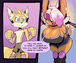 age_difference anthro bandaged_hands bat bent_over big_breasts bigdad blonde_hair blue_eyes bottomwear breasts brown_bottomwear brown_clothing brown_shorts canid canine cheek_tuft chest_tuft cleavage cleavage_overflow clothed clothing comic crop_top dialogue dolphin_shorts duo ear_piercing ear_ring english_text eyebrows facial_tuft female fox fur green_eyes hair hand_wraps highlights_(coloring) hotpants huge_breasts inner_ear_fluff male male/female mammal miles_prower miles_prowr_(bigdad) mormoopia_rouge_(bigdad) narrow_hips notched_ear older_female piercing pink_highlights ring_piercing rouge_the_bat sega shirt shorts sonic_the_hedgehog_(series) speech_bubble tan_body tan_inner_ear tan_skin text thick_eyebrows thick_thighs thin_calves thin_legs thin_thighs topless topless_anthro topless_male topwear tuft white_hair white_inner_ear white_inner_ear_fluff wide_hipped_female wide_hips wraps yellow_body yellow_fur younger_male