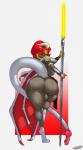 2019 anthro big_butt bulge butt clothed clothing dragon genitals glowing glowing_eyes gynomorph hair holding_object holding_weapon horn intersex lightpike lightsaber lightsaber_polearm melee_weapon mythological_creature mythological_scalie mythology penis polearm rumpaf scalie solo standing star_wars tail tail_genitals tail_penis thick_thighs unusual_anatomy unusual_genitalia_placement unusual_penis_placement unusual_tail weapon wings yellow_lightsaber