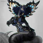 1:1 absurd_res anthro apode big_breasts bra breasts clothing cobra coiling draconcopode female gold_(metal) grey_eyes hi_res jewelry legless multicolored_body naga pinup plecopsar pose reptile scales scalie serpentine snake solo tongue tongue_out underwear