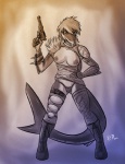 anthro armor breasts clothed clothing conditional_dnp digital_media_(artwork) female fish gun handgun kadath marine nipples non-mammal_breasts non-mammal_nipples ranged_weapon revolver saphie_the_shark shark solo tail topless weapon