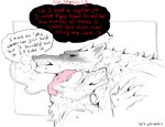 anthro bared_teeth big_bad_wolf_(shrek) blush blush_lines bodily_fluids breath canid canine canis cheek_tuft claws clenched_teeth clothing death_(puss_in_boots) dialogue dreamworks duo ears_back eyes_closed facial_markings facial_tuft fangs fluffy fuzzy grin hand_on_shoulder hat head_markings headgear headwear hi_res hug hugging_another intraspecies male male/male mammal markings mask_(marking) narrowed_eyes neck_tuft nightcap pivoted_ears puss_in_boots_(franchise) red_eyes romantic romantic_couple scribbleshanks shrek_(series) simple_background size_difference smile speech_bubble sweat sweatdrop teeth text thought_bubble thoughts tuft white_background wolf