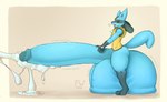 absurd_res anthro balls big_balls big_penis blue_body blue_fur bodily_fluids cum digital_media_(artwork) erection fur fw4455 generation_4_pokemon genital_fluids genitals hi_res huge_balls huge_penis humanoid hyper hyper_balls hyper_genitalia hyper_penis lucario male nintendo nude open_mouth penis pokemon pokemon_(species) simple_background solo tail