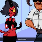 1:1 2023 black_hair breasts clothed clothing demon demon_humanoid detailed_background duo female hair helluva_boss hi_res horn humanoid imp kojot male millie_(helluva_boss) public_indecency red_body smile snapchat teeth thick_thighs yellow_sclera