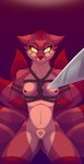 angry anthro areola bdsm bondage bound breasts canid canine cel_shading digital_media_(artwork) female fluffy fluffy_tail fox fox_spirit fur genitals glare hi_res kiss_and_tell_(artist) knife knife_play looking_at_viewer mammal mythology nipples nude pussy questionable_consent red_body red_fur restrained restraints rope rope_bondage rope_harness shaded simple_background solo tail weapon womb_tattoo yellow_eyes