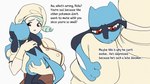 16:9 anthro big_breasts blue_body blue_fur breasts canid canine clothed clothing duo english_text female fur generation_4_pokemon green_hair hair hi_res human katy_(pokemon) male mammal morpskorp nintendo pokemon pokemon_(species) red_eyes riolu simple_background tail text widescreen