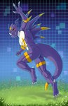 absurd_res anthro bandai_namco chromakoros digimon dragoneer_(character) facial_horn feet gesture hi_res horn in_memoriam looking_back male muscular muscular_male nose_horn nude purple_body purple_skin smile solo stripes tail talons thick_tail toes tusks waving waving_at_viewer