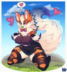 2024 absurd_res anthro arcanine ball ball_in_mouth big_breasts biped blue_eyes bottomwear breasts clothing female fluffy fluffy_tail generation_1_pokemon heart_speech_bubble heart_symbol hi_res inner_ear_fluff kneeling kyobes legwear lilly_(vulfox) nintendo paw_pose pokeball pokemon pokemon_(species) pokemorph pose ruff skirt solo speech_bubble standard_pokeball tail tennis_ball thigh_highs torn_clothing torn_skirt torn_thigh_highs tuft white_inner_ear_fluff year