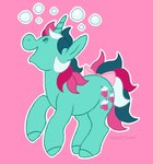 2021 accessory artist_name bow_ribbon bubble cutie_mark digital_drawing_(artwork) digital_media_(artwork) dot_eyes equid equine female female_feral feral fizzy_(mlp) flat_colors fur furgonomics green_horn green_mane green_tail greengrizz hasbro hooves horn looking_up mammal mane medium_mane mlp_g1 multicolored_mane multicolored_tail my_little_pony my_little_pony_'n_friends mythological_creature mythological_equine mythology on_hind_legs open_mouth open_smile outline pink_background pink_bow pink_mane pink_tail pre-g4 quadruped ribbons side_view simple_background smile solo tail tail_accessory tail_bow tail_ribbon teal_body teal_fur teal_hooves twinkle-eyed unguligrade unicorn unicorn_horn white_mane white_outline white_tail