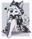 5:6 anthro arctic_fox bedding blanket blanket_grab blue_hair canid canine eye_spot female fox freckles fur hair hi_res leg_markings lunarii mammal markings milk_(milkthefox) socks_(marking) solo true_fox white_body