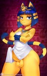 2021 animal_crossing ankha_(animal_crossing) anthro balls blue_eyes blue_hair clothed clothing crossed_arms crossgender digital_media_(artwork) domestic_cat dress erection erection_under_clothing erection_under_dress felid feline felis ftg_crossgender fti_crossgender genitals gynomorph hair hi_res intersex looking_at_viewer mammal michikochan nintendo patreon patreon_logo penis shaded short_hair solo text uraeus url