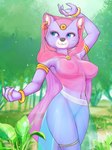 2018 anthro around_the_world_with_willy_fog barely_visible_genitalia barely_visible_pussy blue_eyes breasts clothing damn_lasso_tool domestic_cat ear_piercing felid feline felis female fur genitals jewelry mammal nature navel nipples outside pantherine piercing plant princess_romy purple_body purple_fur pussy solo standing third-party_edit translucent translucent_clothing