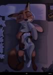 2018 absurd_res anthro band-aid bandage bed bodily_fluids butt butt_cleavage canid canine clothed clothing comic cuddling dipstick_ears dipstick_tail disney duo ear_markings eyes_closed female fox furniture gloves_(marking) hand_on_back hand_on_butt hi_res hug inside judy_hopps lagomorph leg_markings leporid lying male male/female mammal markings midriff multicolored_ears multicolored_tail nick_wilde on_back on_bed on_top panties plushie rabbit red_fox scut_tail short_tail sleeping socks_(marking) tail tail_markings tears topless true_fox underwear yitexity zootopia