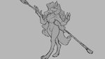 16:9 2020 anthro big_breasts breasts canid canine digital_drawing_(artwork) digital_media_(artwork) female fox fur grey_background hair holding_object holding_weapon mammal melee_weapon monochrome nipples nude polearm simple_background solo spear transformation watsup weapon widescreen