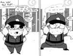 abby_(khrunkisillegal) chibi clothing dialogue english_text female gremlin humanoid khrunkisillegal monochrome police police_uniform prison prison_bars shocked short_stack simple_background solo speech_bubble text time_skip uniform