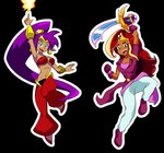 alpha_channel arzette arzette:_the_jewel_of_faramore blue_eyes duo female fire florida-milves green_eyes hair hi_res human humanoid humanoid_pointy_ears mammal melee_weapon midriff pointy_ears ponytail purple_hair red_hair shantae shantae_(series) simple_background sword transparent_background wayforward weapon